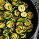 Sautéed zucchini slices cooked with garlic, herbs, and olive oil in a skillet, garnished with fresh parsley | kaynmaytkal.com