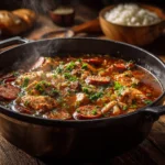 Cast iron pot filled with bubbling gumbo made with chicken, sausage, and fresh herbs | kaynmaytkal.com