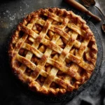 Close-up of a flaky, golden-brown apple pie crust sprinkled with sugar, fresh from the oven | kaynmaytkal.com